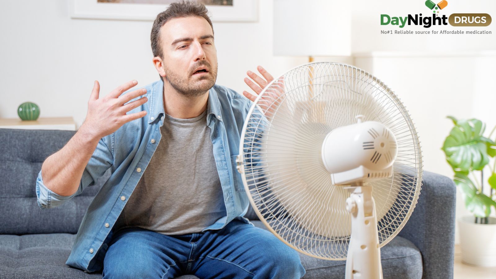 A man sitting in front of a fan due to heatwaves.