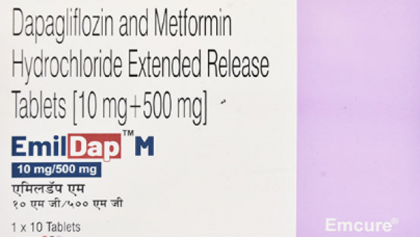 A box of Dapagliflozin (10mg) + Metformin (500mg) Tab