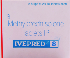 A box and a strip of Methylprednisolone 8mg Tab