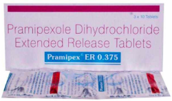 A box and strip of Pramipexole ER (0.375 mg) Generic Tablet