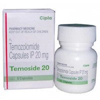 A box and a bottle of Temozolomide 20mg Caps 