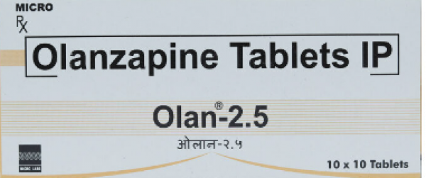 Box and blister strip of generic Olanzapine 2.5mg tablet