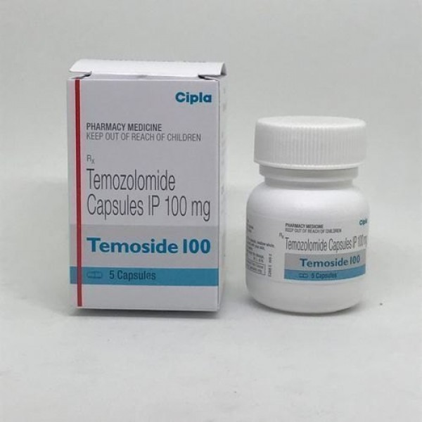 A box and a bottle of Temozolomide 100mg Caps